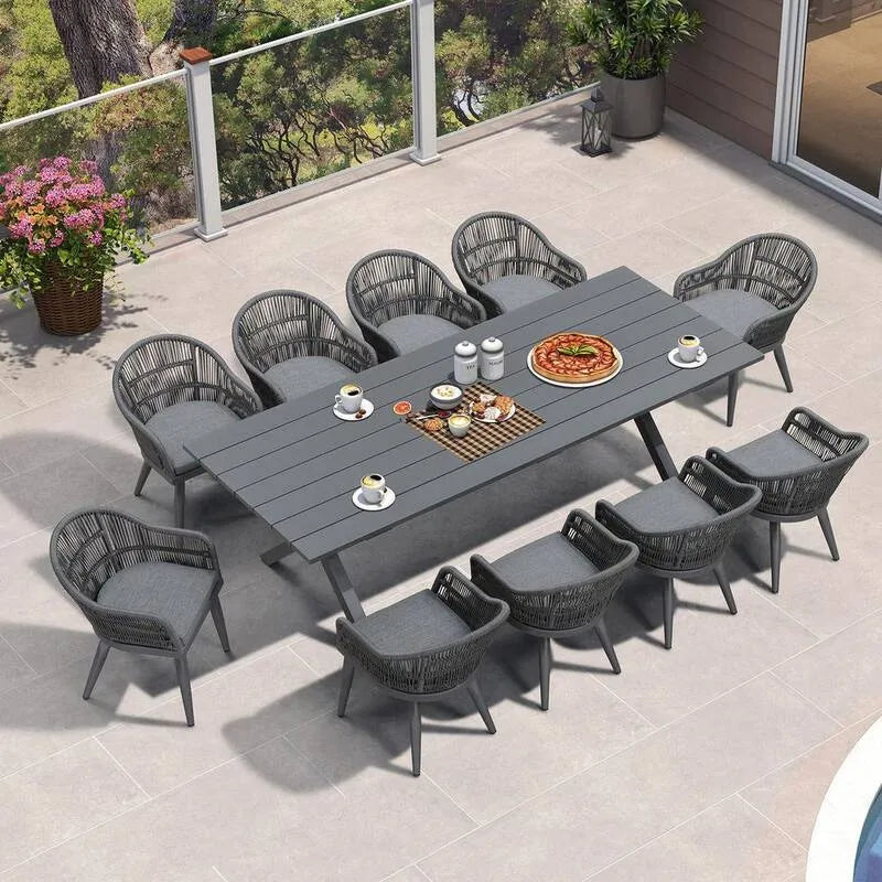 Set da pranzo rettangolare in rattan PE, 11 pezzi, grigio, alluminio, 11 pezzi, Grigio Classic Backrest, Set da pranzo da esterno