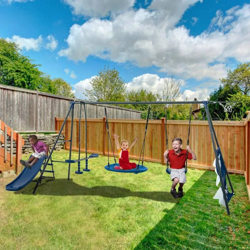 6-Function Set di oscillazione blu esterno 6-Funzione, Swing netto per il campo da gioco all'aperto per età 3 Plus, 31.5 in