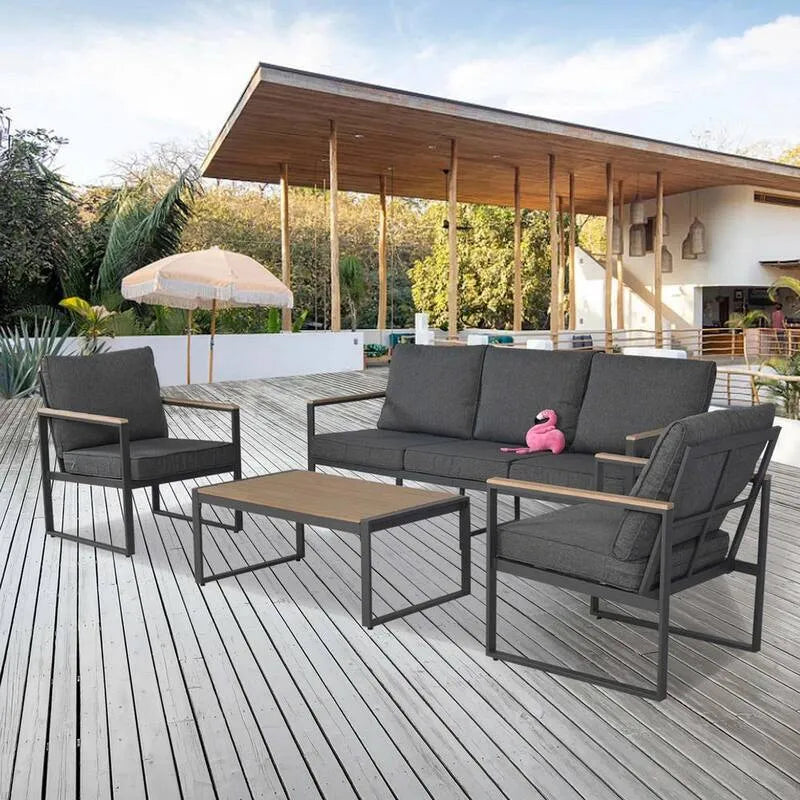 Divano, 4 pezzi, 1 tavolino da caffè per giardino, legno di acacia superiore, da esterno, Nero, Metallo, Grigio, 4 pezzi