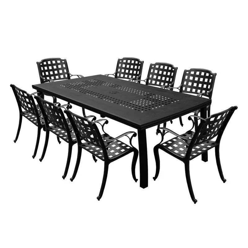 Set da pranzo all'aperto rettangolare in alluminio 9 pezzi, nero, Set da pranzo da esterno