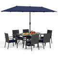 Set da pranzo all'aperto del patio del metallo del pezzo 8 pezzi, ombrellone e sedia del rattan con cuscino blu