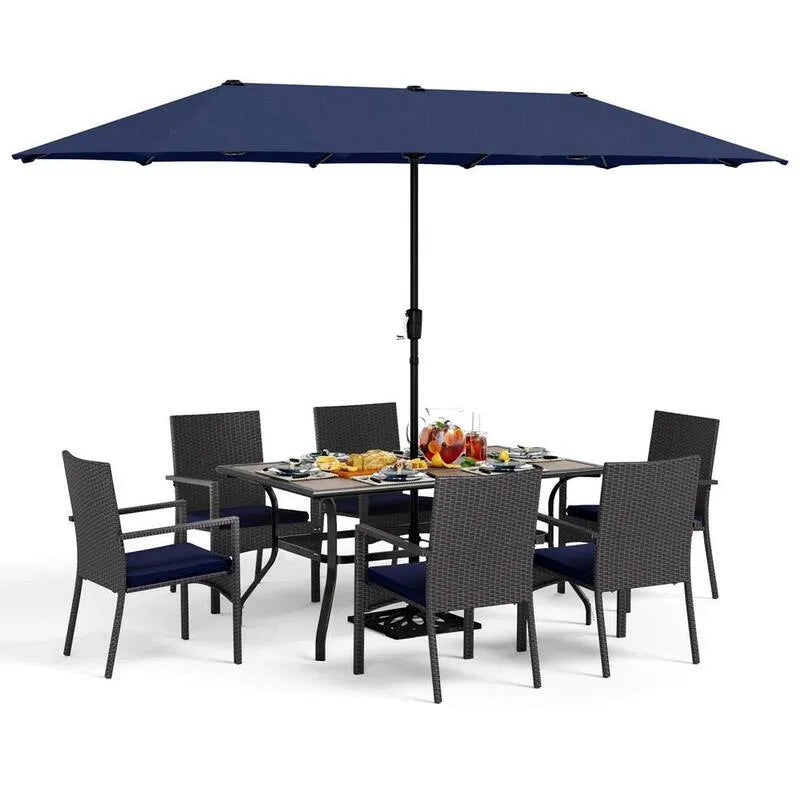 Set da pranzo all'aperto del patio del metallo del pezzo 8 pezzi, ombrellone e sedia del rattan con cuscino blu