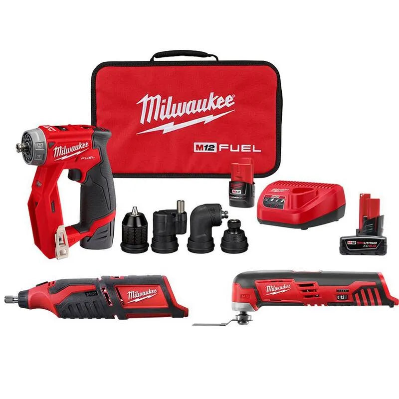 Milwaukee Kit driver di perforazione 4-in-1, 12V, 3/8 in., Design senza fili, Strumento rotante & 6. 0 Ah batteria, M12, 6.0 Ah