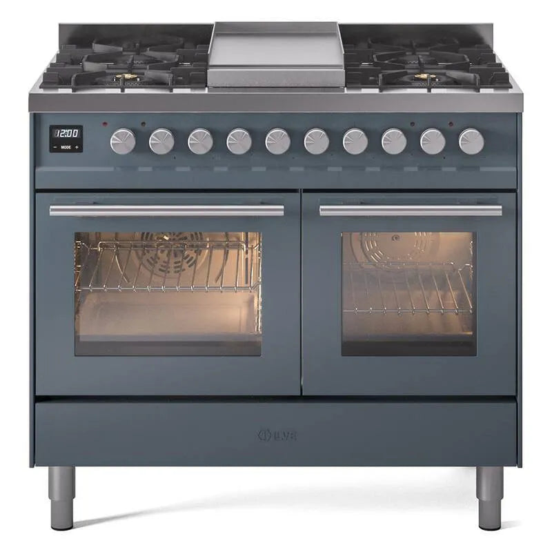 ILVE, Professional Plus II 40 in. 6 Burner plus piastra Freestanding doppio forno doppio serbatoio in blu grigio, Cucine a doppia alimentazione con doppio forno