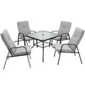 5 pezzi Set da pranzo all'aperto in metallo di pezzi 5 pezzi, Set da pranzo all'aperto in metallo con cuscino grigio, Set da pranzo da esterno