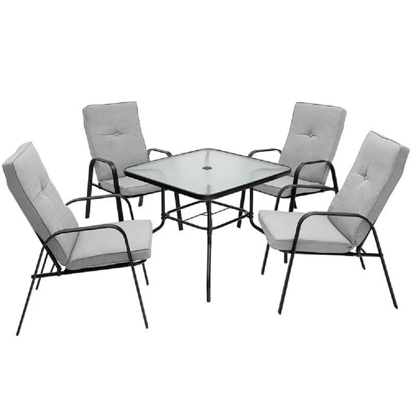 5 pezzi Set da pranzo all'aperto in metallo di pezzi 5 pezzi, Set da pranzo all'aperto in metallo con cuscino grigio, Set da pranzo da esterno