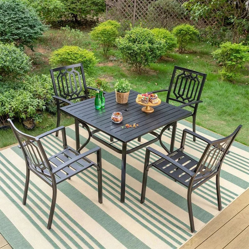 Set da pranzo esterno in metallo quadrato 5 pezzi, nero, impilabile