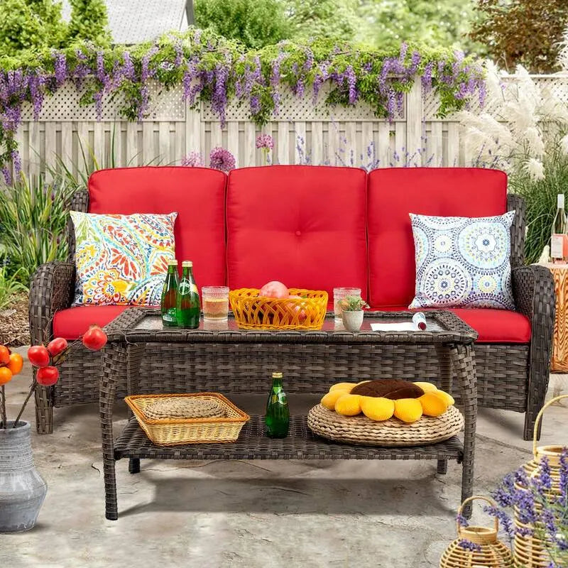 divano, esterno, patio, rattan sintetico, rosso, soggiorno