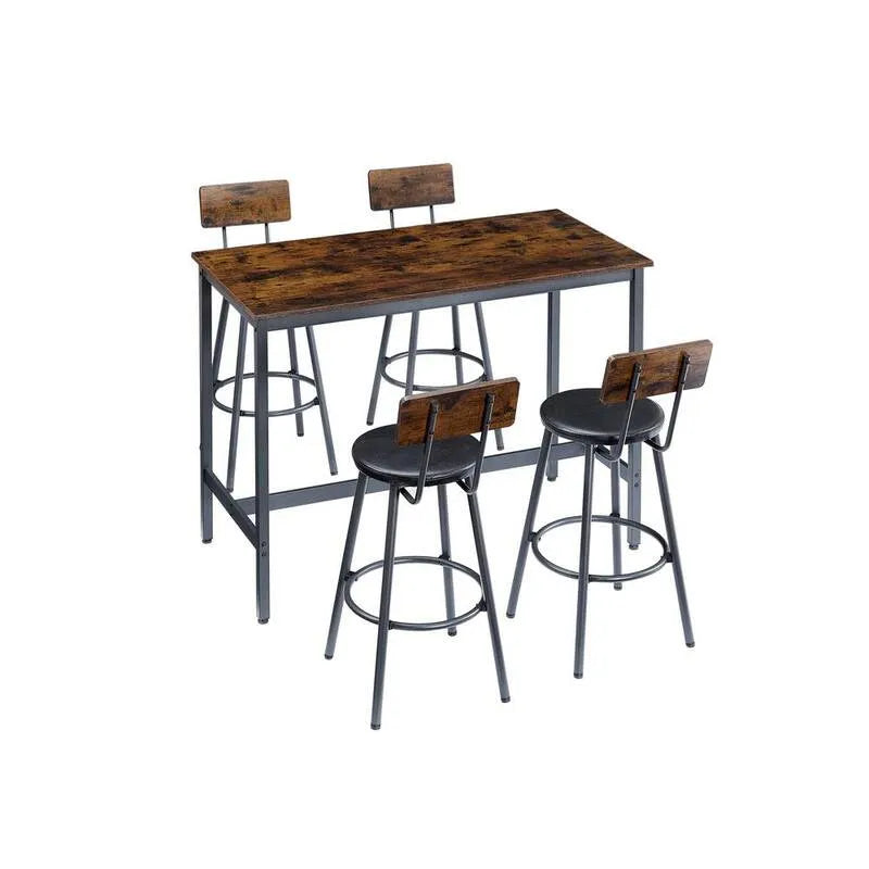 5 pezzi Set da pranzo all'aperto del pannello di particelle d'acciaio 5 pezzi, 4 sedie della barra di cuoio dell'unità di elaborazione, nero, marrone