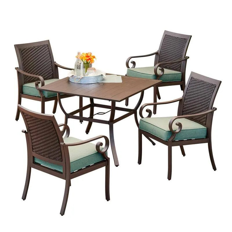 5 pezzi Set da pranzo all'aperto di alluminio di pezzi 5 pezzi, Set da pranzo all'aperto in alluminio con cuscini teal