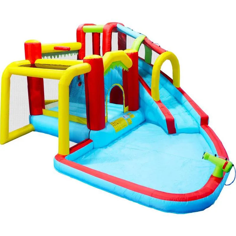 7-in-1, parco gonfiabile dell'acqua dello scorrevole rimbalzante della casa di calcio all'aperto buttafuori della parete di arrampicata della pistola dell'acqua della piscina di spruzzo, all'aperto