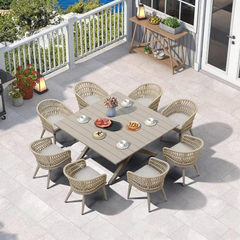 rattan in PE Square Set da pranzo all'aperto 9 pezzi, Champagne, Alluminio, Champagne Round Backrest, Set da pranzo da esterno