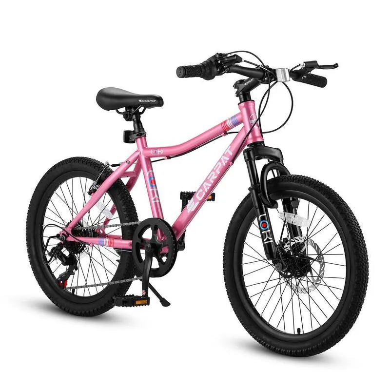 20 in., 7 velocità, Mountain Bike, Bici per bambini in acciaio rosa, Freno a disco a sospensione anteriore U