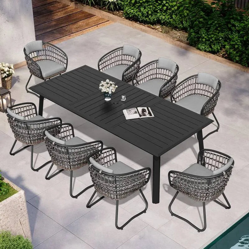 Set da pranzo all'aperto in alluminio per pezzi 9 pezzi, 94 in., 94 in. Tavolo allungabile e sedie in acciaio grigio Cuscino