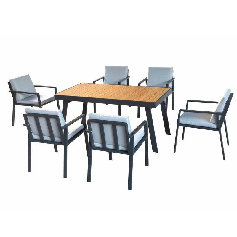 7 pezzi Set da pranzo all'aperto in alluminio 7 pezzi, Set da pranzo all'aperto in alluminio con 6 sedie e cuscini grigi, lavaggio