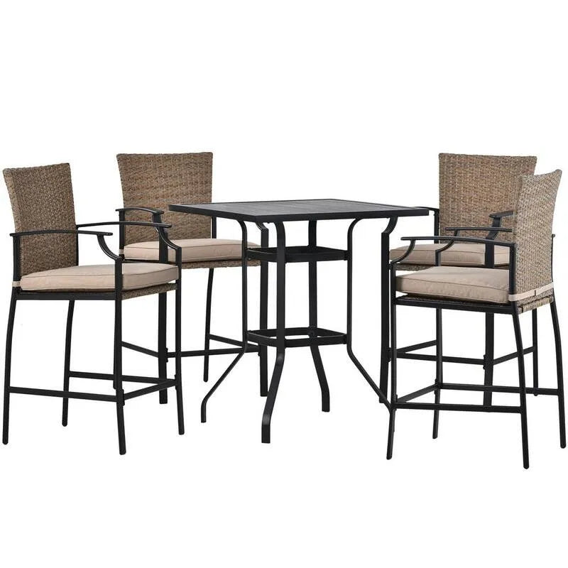 5 pezzi Set da pranzo all'aperto del rattan sintetico del legno di pezza, Set da pranzo all'aperto del tergicristallo di legno senza cuscini