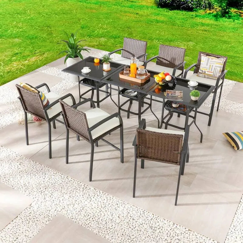 9 pezzi rattan sintetico Bar Altezza esterna Set da pranzo 9 pezzi, Beige, Set da pranzo da esterno