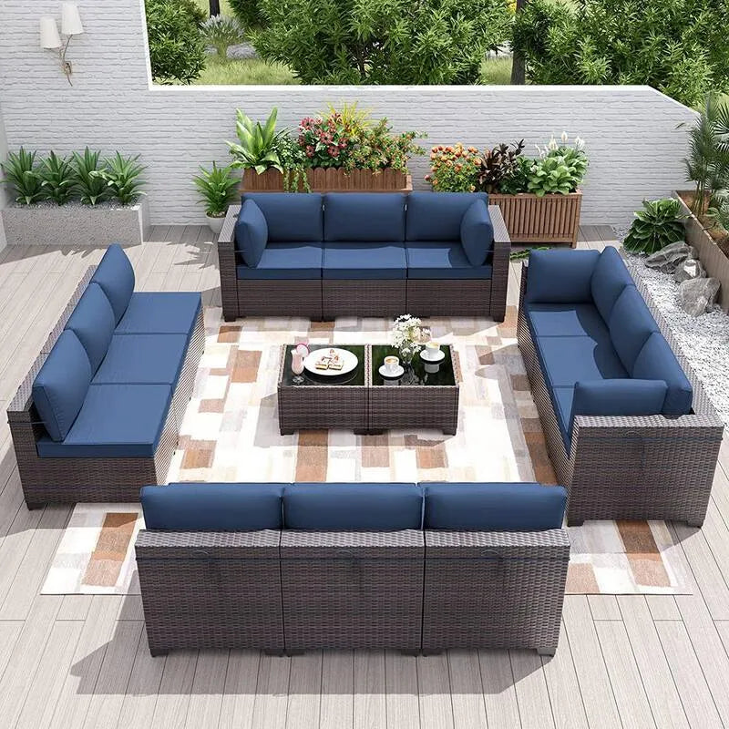 14 pezzi Set di pezzi di rattan sintetico all'aperto 14 pezzi, rattan sintetico Set di sezione esterna con Cuscino Navy