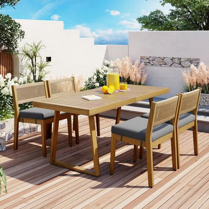 5 pezzi Set da pranzo all'aperto di legno di Acacia del patio 5 pezzi, 4 sedie e rimovibili cuscini grigi, naturale