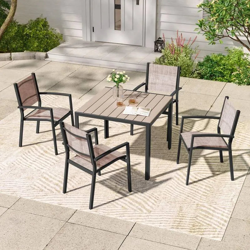 Set da pranzo all'aperto per pezzi 5 pezzi, Set da pranzo all'aperto con 4 sedie in Ilene di testo e un tavolo quadrato in metallo con un tavolino HIPS in Taupe