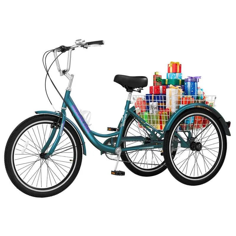 Triciclo 24 in., 3 ruote 7 velocità bici da crociera Trike con carrello per triciclo adulto, 7 velocità, Nero, Veicoli elettrici per bambini