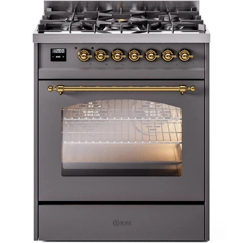 ILVE, Nostalgie II 30 in. 5 Bruciatore Freestanding Doppio Carburante Liquido Gamma Propane in Grafite Matte con Trim Ottone, Cucine a doppia alimentazione con forno singolo