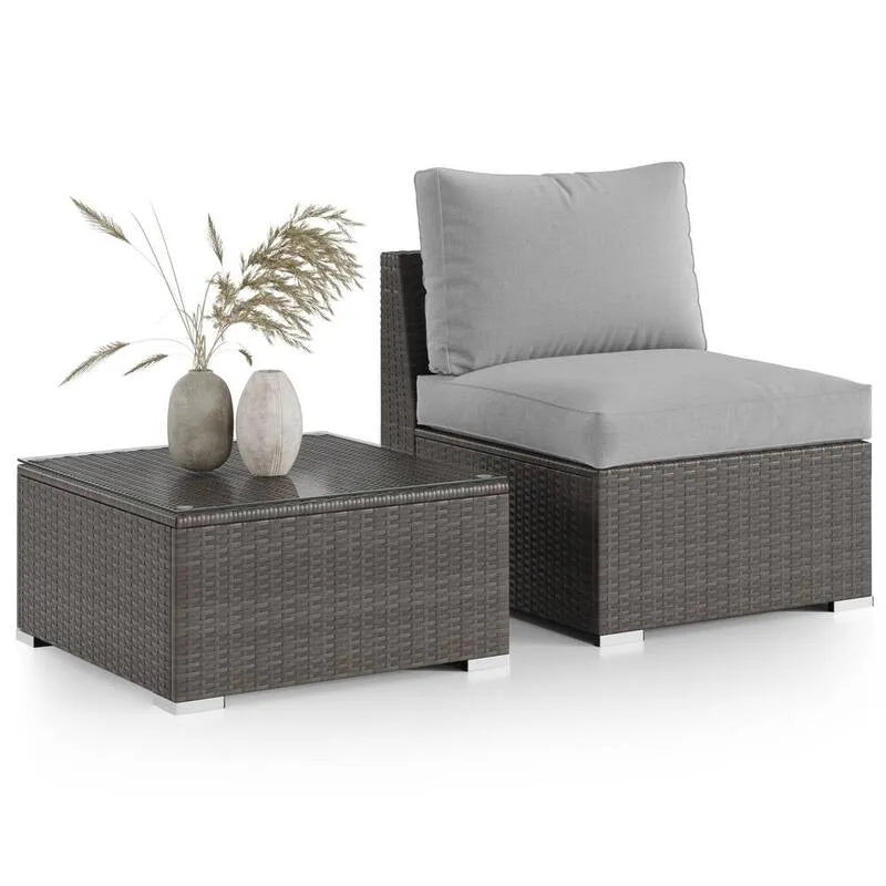 2 pezzi Divano, da esterno, Tavolo da caffè in vetro temperato, 2 pezzi rattan sintetico PE rattan sintetico esterno set sezionale con cuscino grigio chiaro, vetro temperato