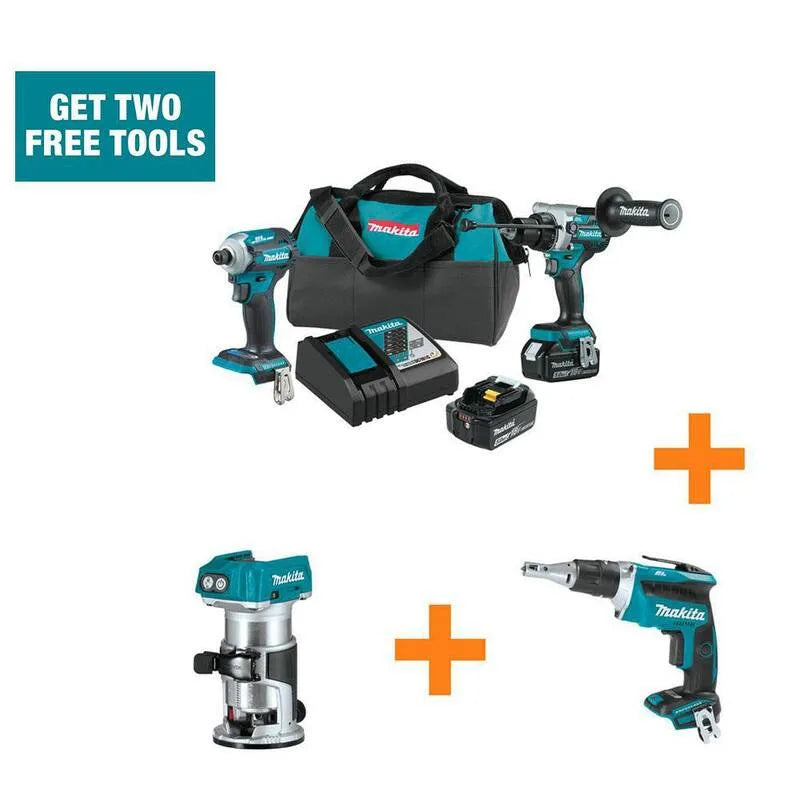 Makita, 18V, 5. 0Ah, 18V LXT senza spazzole kit combinato 5. 0Ah con bonus 18V LXT senza spazzole Router e 18V LXT senza spazzole Drywall cacciavite, 5.0Ah
