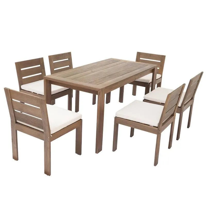 Set da pranzo all'aperto di legno di acacia naturale 7 pezzi, adatto per patio, beige