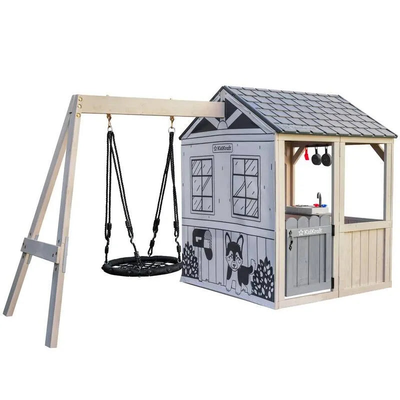Swing di legno esterno Playset con Web Swing e Play cucina, Savannah
