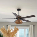 Ventilatore da soffitto, 52 pollici, Elemento Plaited Rattan, Telecomando, da interno, Nero opaco