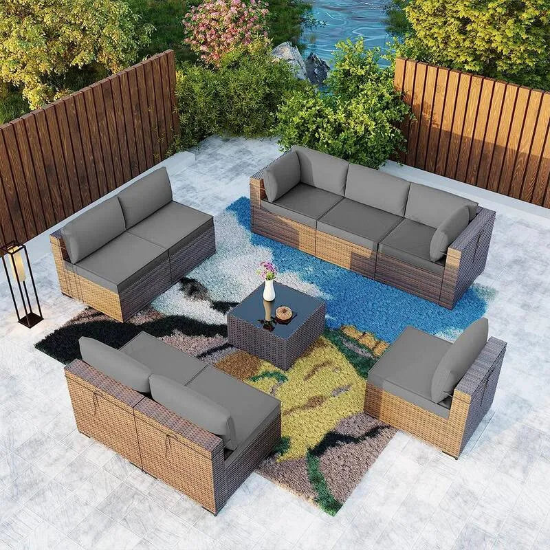 Set di sezione esterna del parrucchiere di pezzetti 9 pezzi, rattan sintetico Set di sezione esterna con cuscino grigio