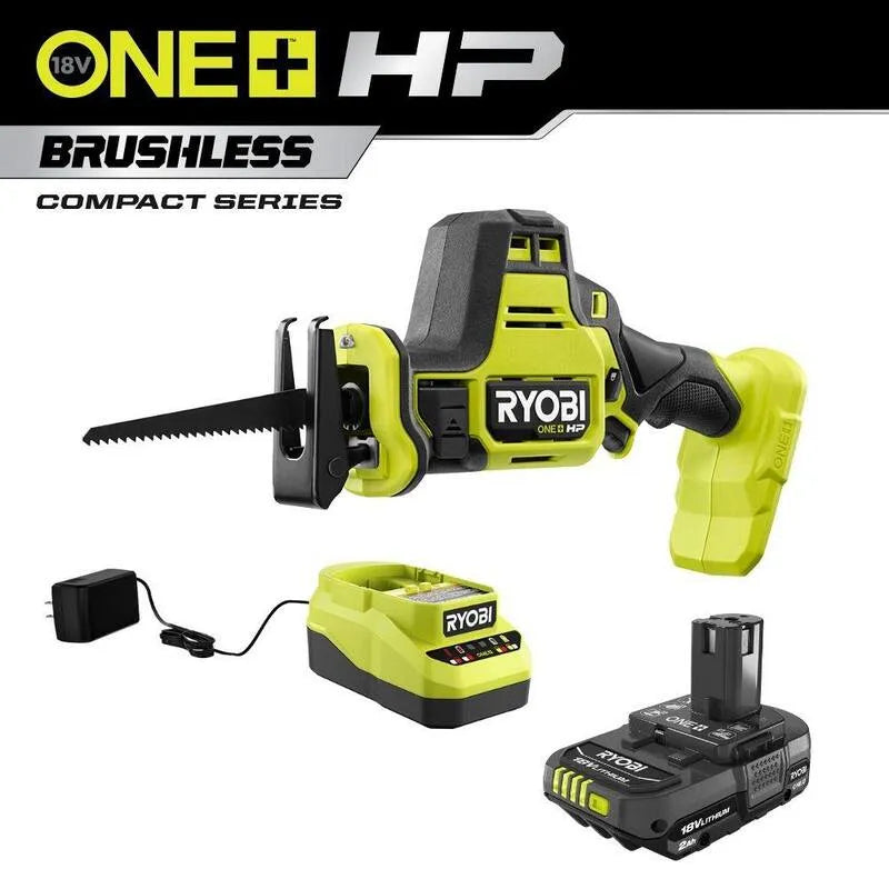 RYOBI HP 18V, Design senza fili, Design compatto portatile, ONE+ senza spazzole Corda compatta One-Handed Sega di ricipriazione con batteria 2. 0 Ah e caricabatterie, 2.0 Ah