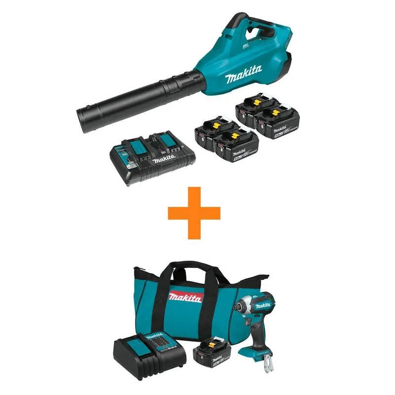 Makita Kit di soffiaggio senza fili Li-Ion BL, progettazione senza fili, 18V, 36V, batteria 3. 0Ah, 4 batterie 5. 0Ah, con Kit avvitatore a impulsi LXT Bonus, 5.0Ah, 3.0Ah
