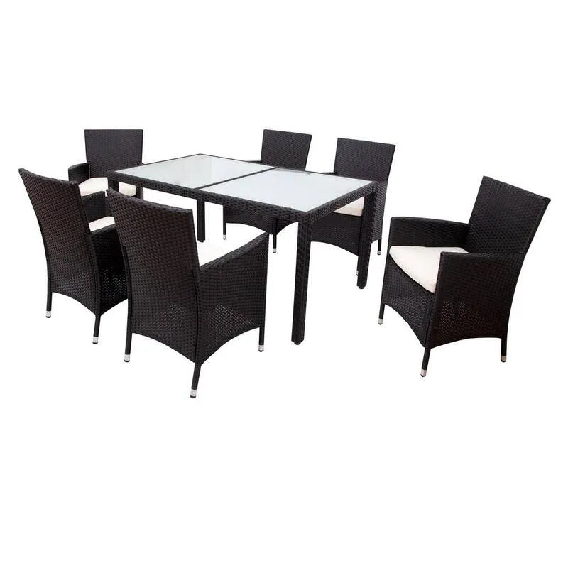 Set da pranzo all'aperto del patio del rattan sintetico del rattan 7 pezzi, nero, beige