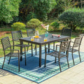 7 pezzi Set da pranzo all'aperto in metallo 7 pezzi, Set da pranzo all'aperto in metallo con ampio tavolo rettangolare intangular Carve Pattern e eleganti sedie impilabili