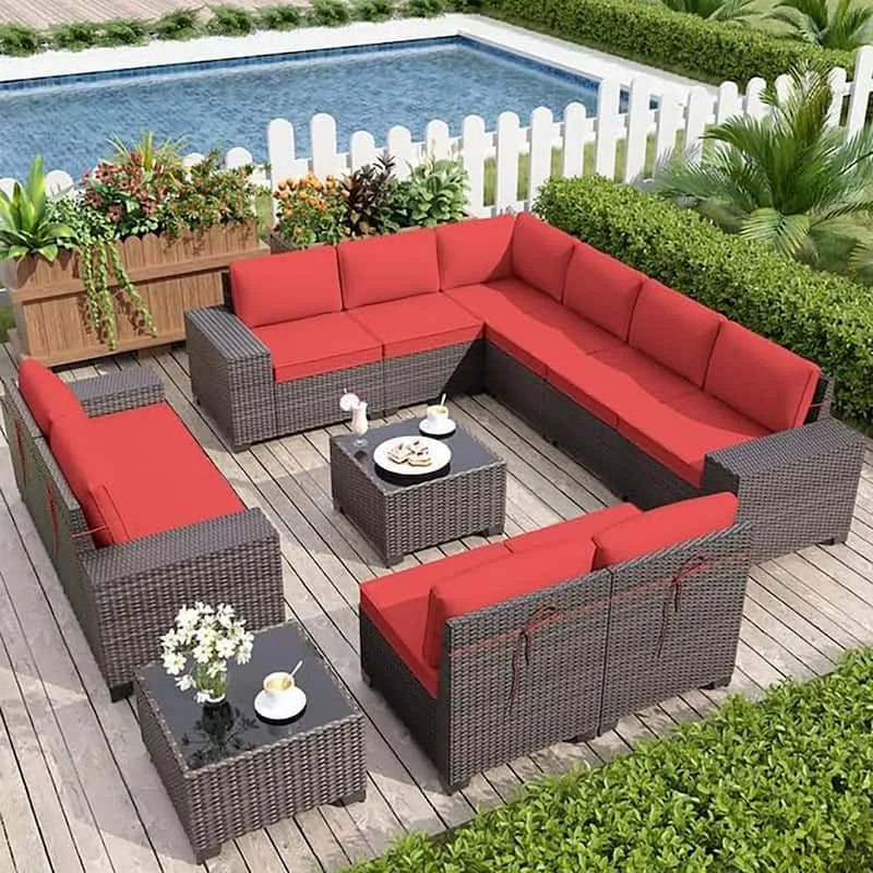 Set di pezzi di rattan sintetico all'aperto 12 pezzi, rattan sintetico Set di sezione all'aperto con cuscino rosso, Divani da esterno