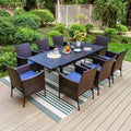 Set da pranzo all'aperto del patio del metallo del pezzo 9 pezzi, Set da pranzo all'aperto del patio del metallo con tavolo e sedie a rattan estendibile con cuscino blu, nero, Set da pranzo da esterno