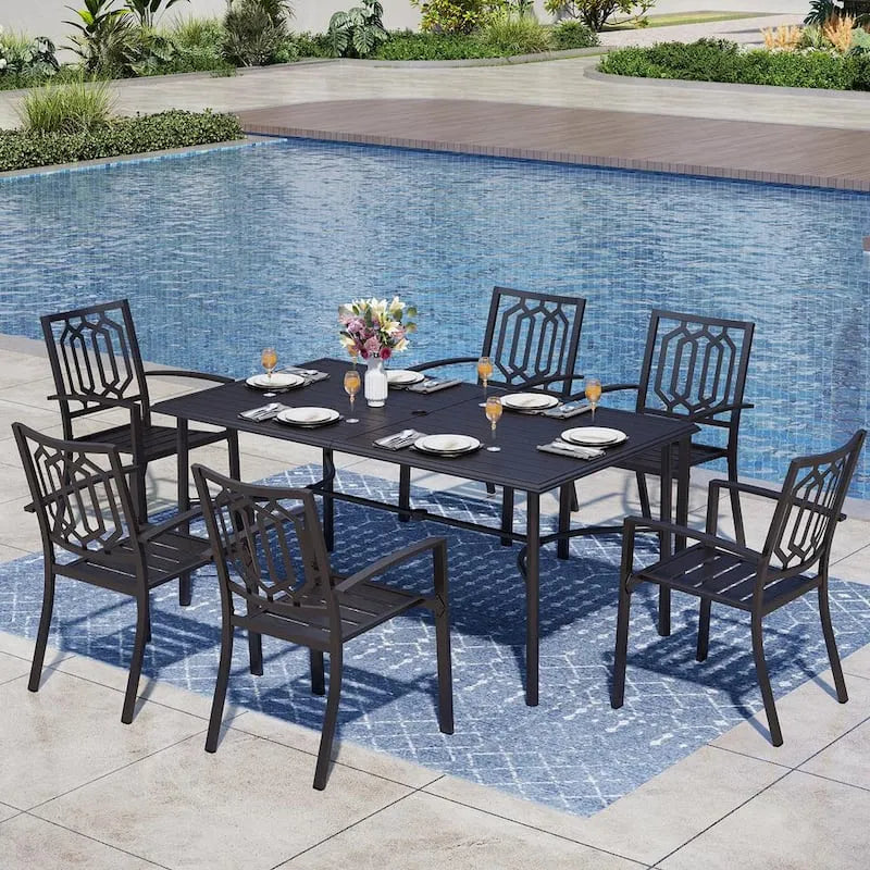 7 pezzi Set da pranzo da esterno in metallo per set da esterno 7 pezzi, impilabile, nero, set da pranzo in metallo con tavolo rettangolare e sedie di moda impilabili