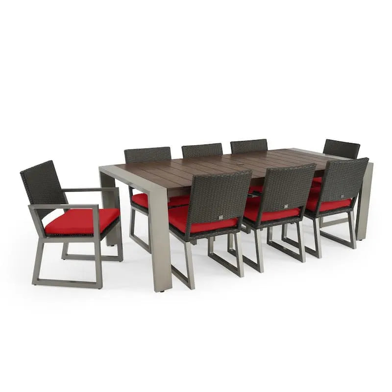 9 pezzi Set da pranzo all'aperto con rattan sintetico per piatti 9 pezzi, Set da pranzo all'aperto con cuscino Sunbrella Sunset Red cuscini, Milo