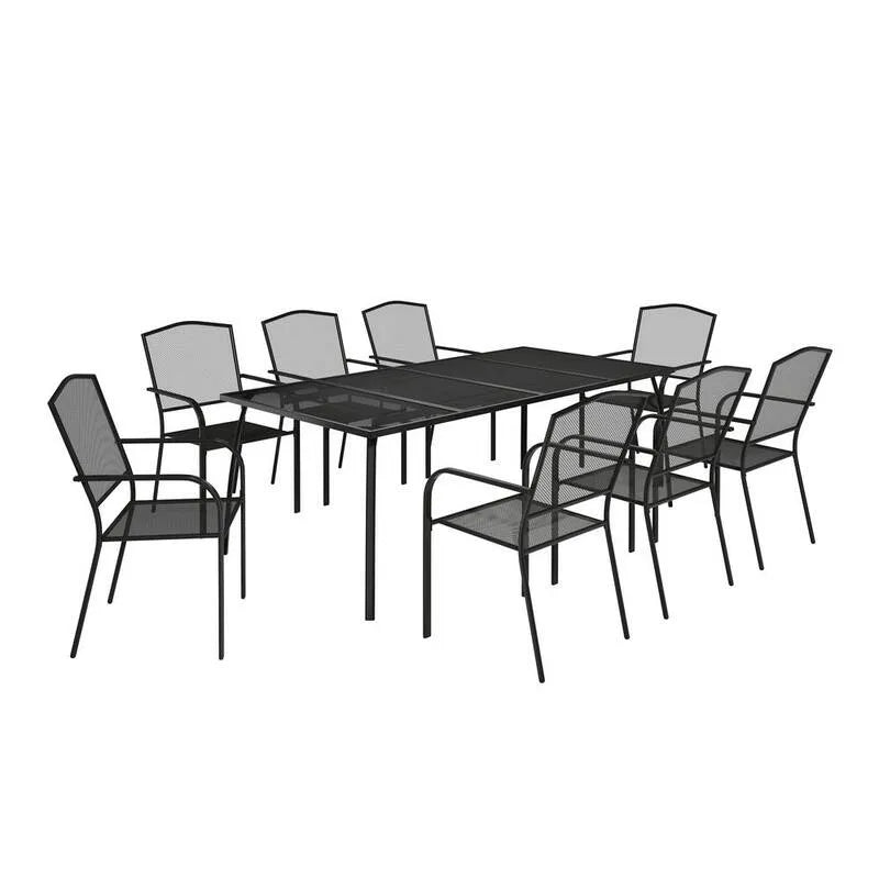 Set da pranzo all'aperto della maglia dell'acciaio del patio 9 pezzi, nero