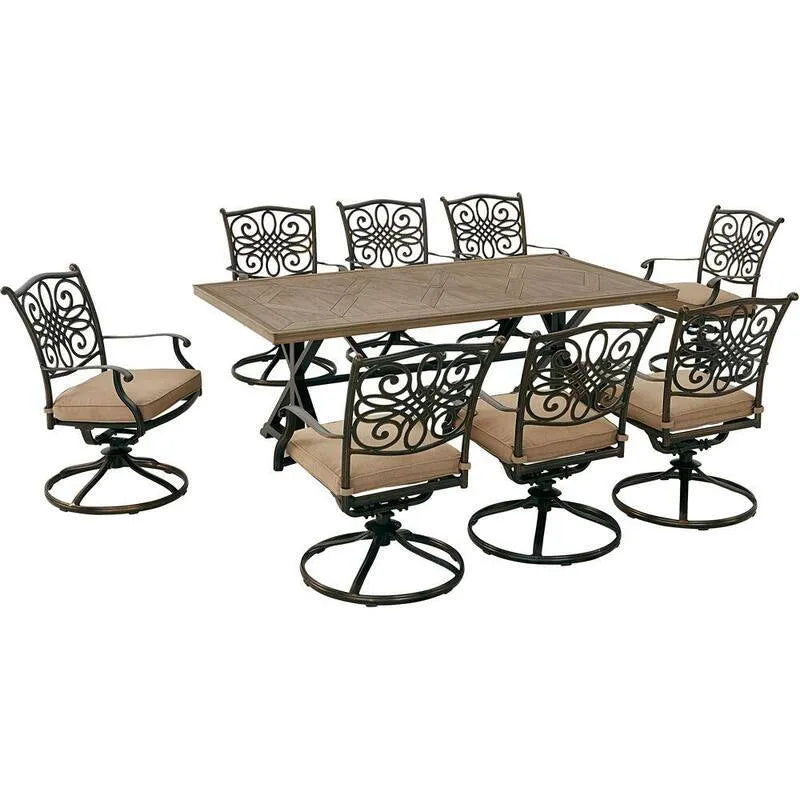 Pezzo Alluminio da esterno set da pranzo 9 pezzi, 8 Rockers girevole e Tile-superiore Table, Tradizioni