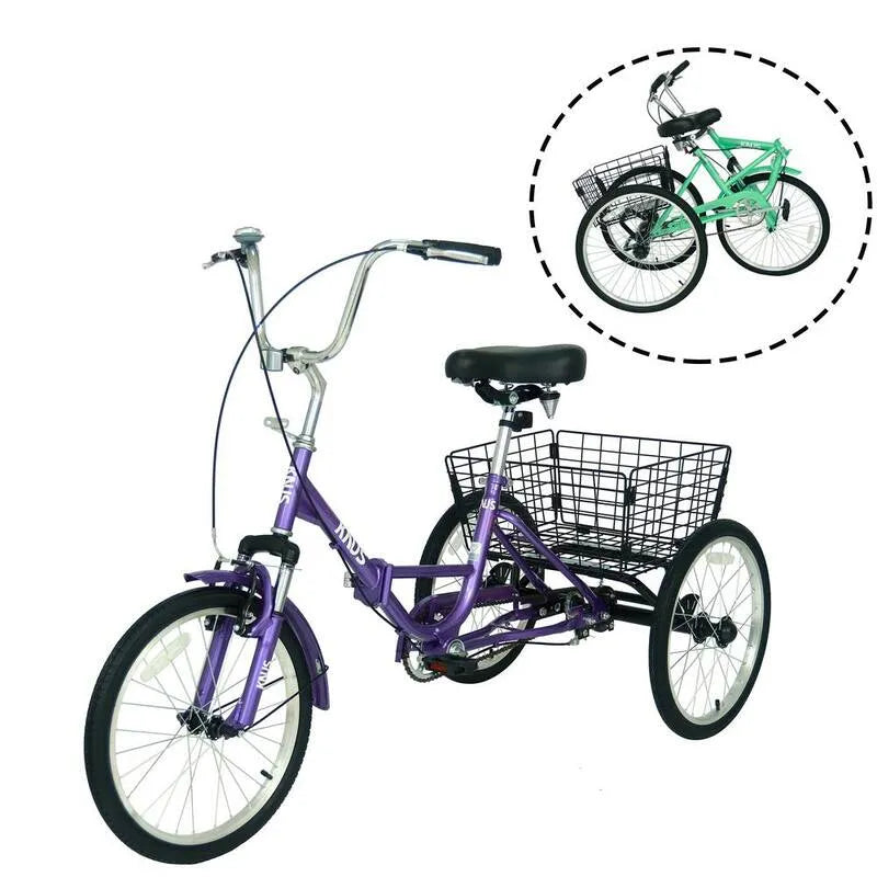 20 in., Design pieghevole, Triciclo pieghevole per adulti a 3 ruote, Bicicletta viola con carrello