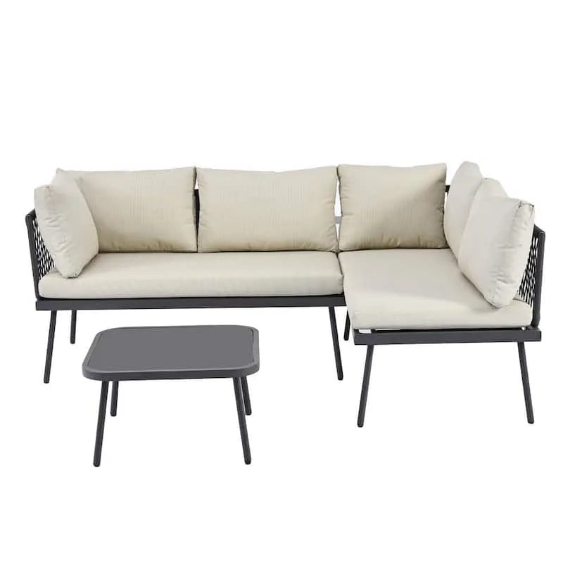 Divano 3 pezzi, 3 pezzi Patio nero metallo set di sezione esterna, Beige