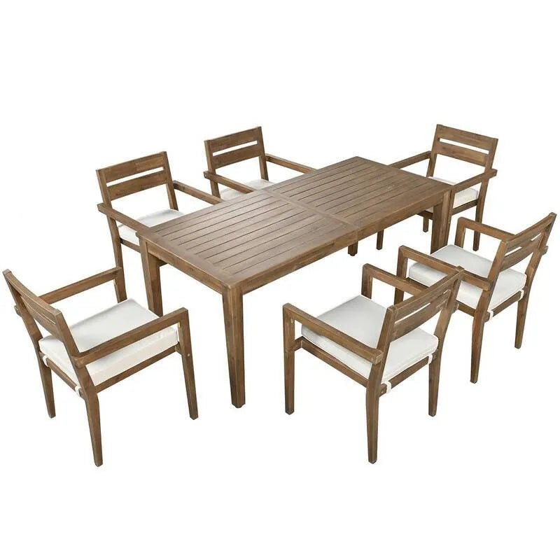 Tavolo da pranzo 7 pezzi, Balcone, Cortile, Esterno, Marrone, Legno, Beige, Set da pranzo da esterno