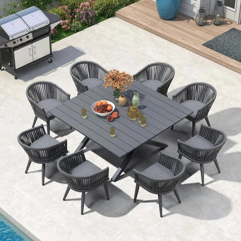 rattan in PE Square Set da pranzo all'aperto, 9 pezzi, grigio, alluminio, 9 pezzi, Grigio moderno Backrest, Set da pranzo da esterno