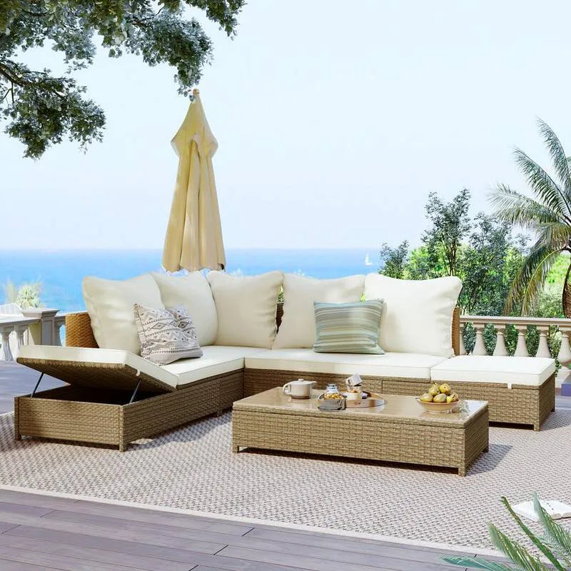 rattan sintetico patio esterno set di sedute sezionali 3 pezzi, Beige