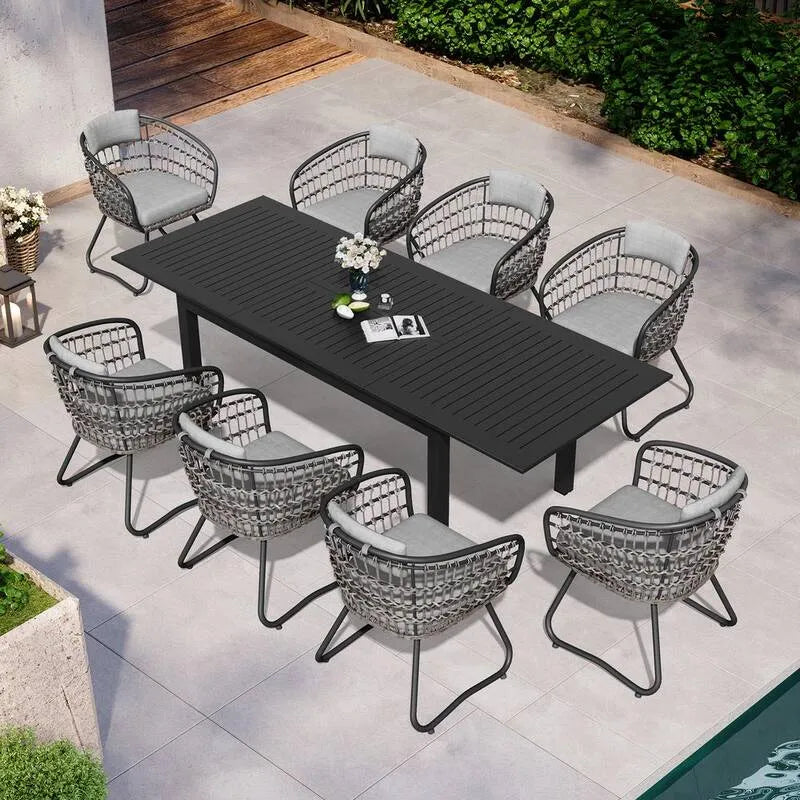 Set da pranzo all'aperto del rattan sintetico di alluminio del pezzo 9 pezzi, tavolo e sedie in acciaio estese, Grigio, Set da pranzo da esterno