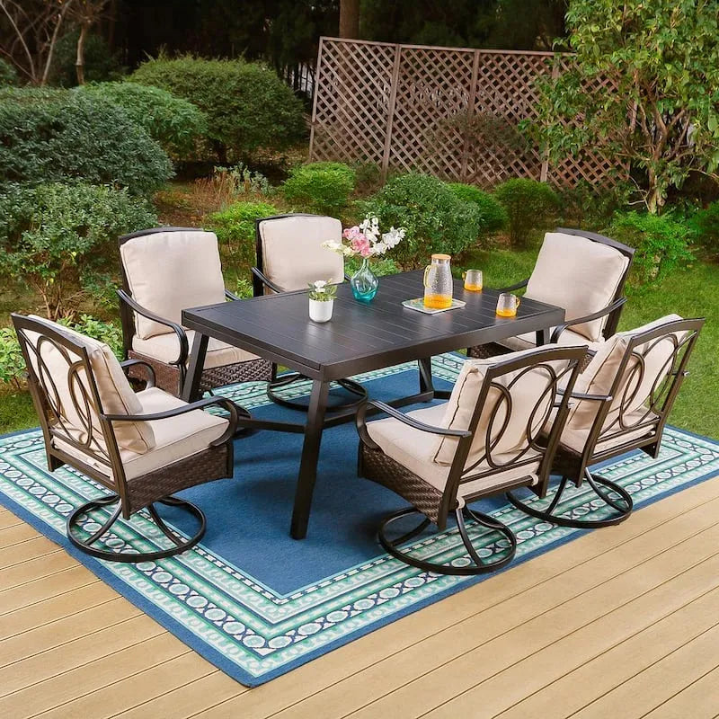 7 pezzi Set da pranzo all'aperto in metallo 7 pezzi, Set da pranzo all'aperto in metallo con ampio tavolo rettangolare e sedie da bagno in rattan con cuscini Beige