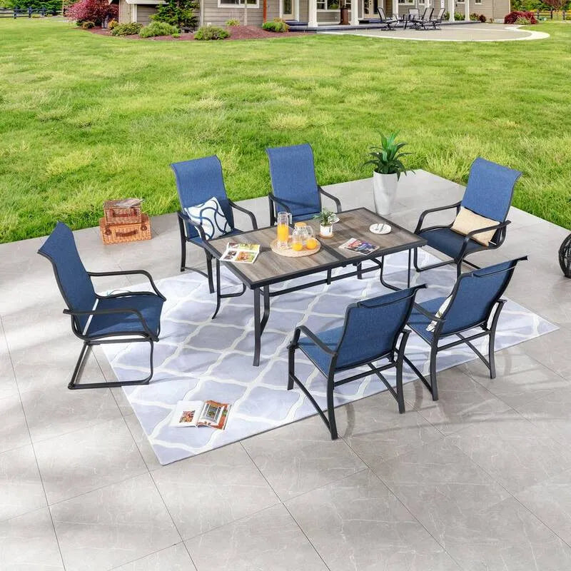 7 pezzi Set da pranzo rettangolare in metallo 7 pezzi, Blu, Set da pranzo da esterno